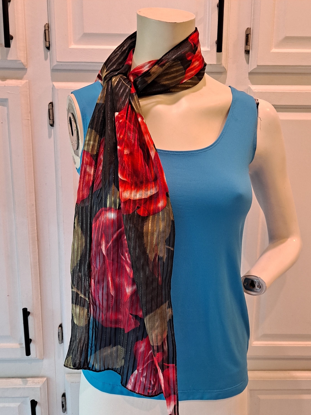 Black Striped Sheer Scarf Red Floral Print W/Gold Metallic Thread Chic Chiffon